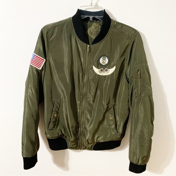 Jou Jou Military Like Aviator Front Zip Bomber Jacket Faux Sherpa Lining Patches - Picture 3 of 15